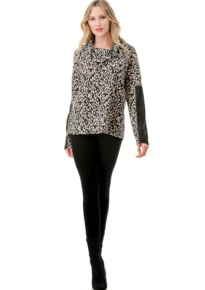 Ladies Black &amp; Ivory Animal Print Cowl Neck Sweater Top with Faux Leather Sleeve Detail | Made in USA
