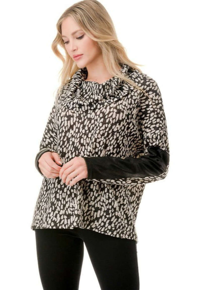 Ladies Black &amp; Ivory Animal Print Cowl Neck Sweater Top with Faux Leather Sleeve Detail | Made in USA