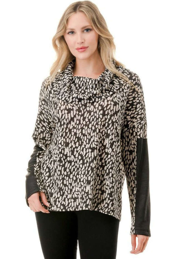 Ladies Black &amp; Ivory Animal Print Cowl Neck Sweater Top with Faux Leather Sleeve Detail | Made in USA