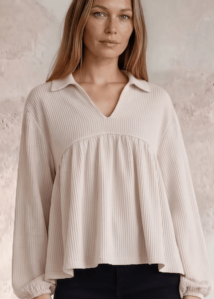 Any Time Soft Textured Bubble Sleeve Top CLEARANCE FINAL SALE in Cream