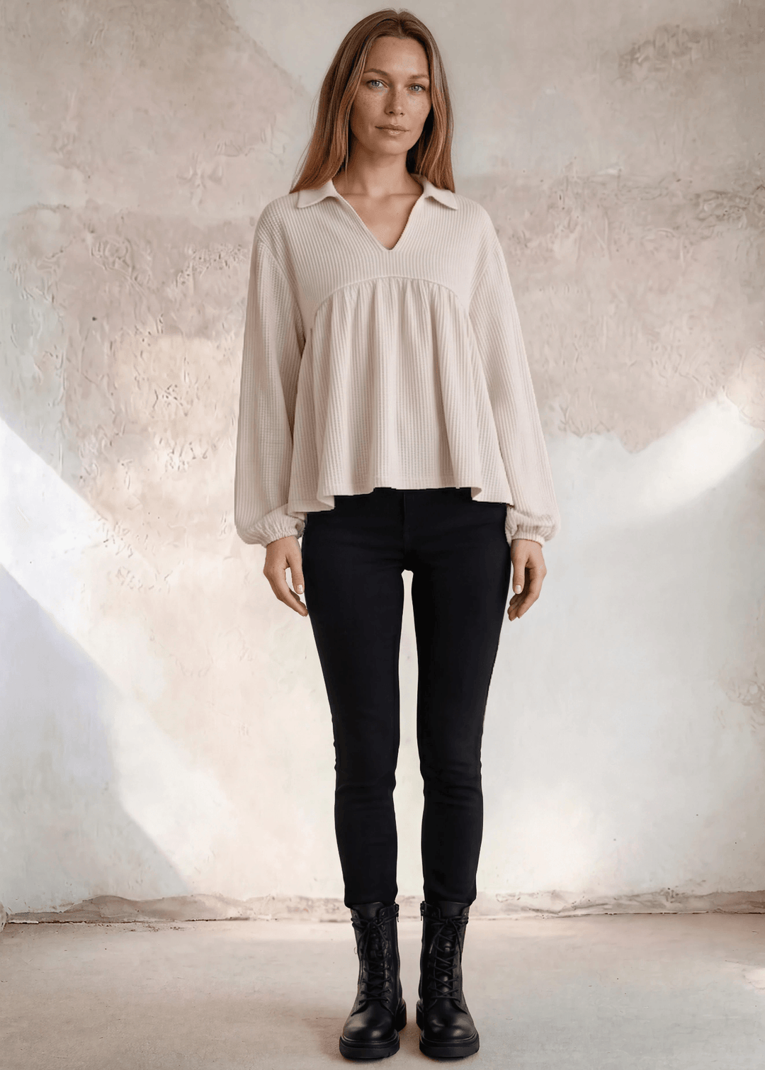 Any Time Soft Textured Bubble Sleeve Top CLEARANCE FINAL SALE in Cream