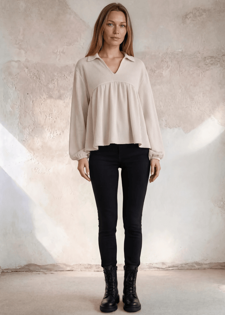 Any Time Soft Textured Bubble Sleeve Top CLEARANCE FINAL SALE in Cream
