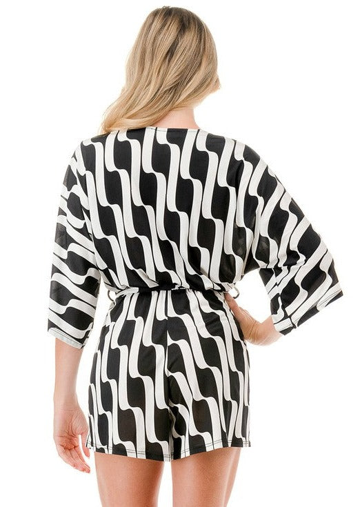 Made in USA Women's Black & White Geometric V-Neck Shorts Romper with Half Sleeves | Classy Cozy Cool Made in America Boutique