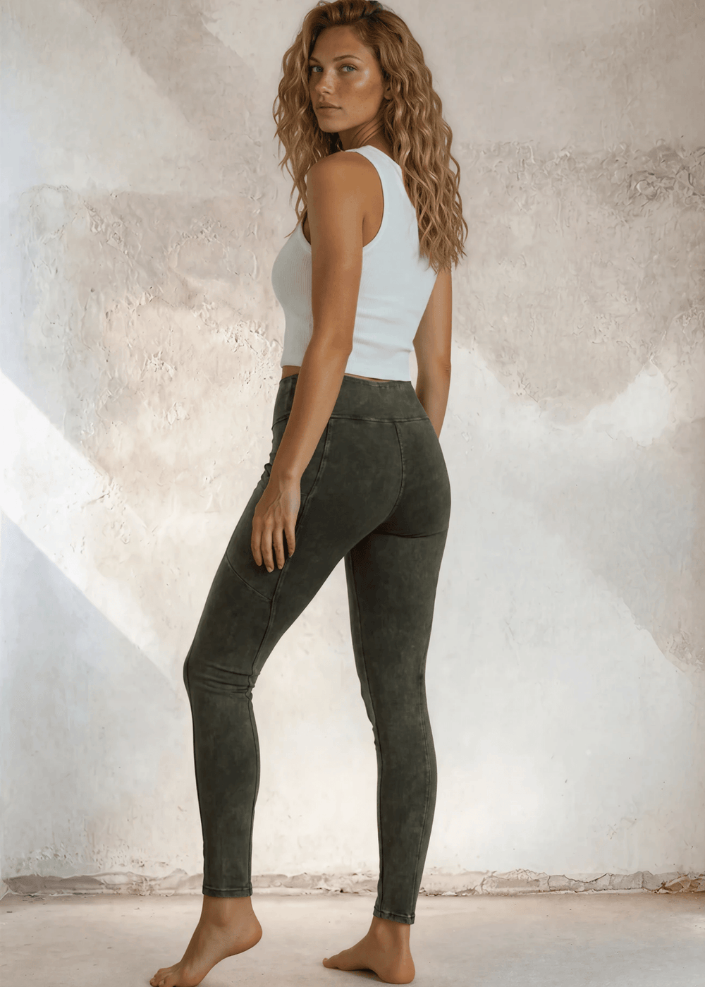 Made in USA Women's Tummy Control Wide Waistband Cotton Spandex Garment Washed Solid Leggings with Large Side Pockets in Mineral Washed Dark Moss Green | Classy Cozy Cool Made in America Boutique