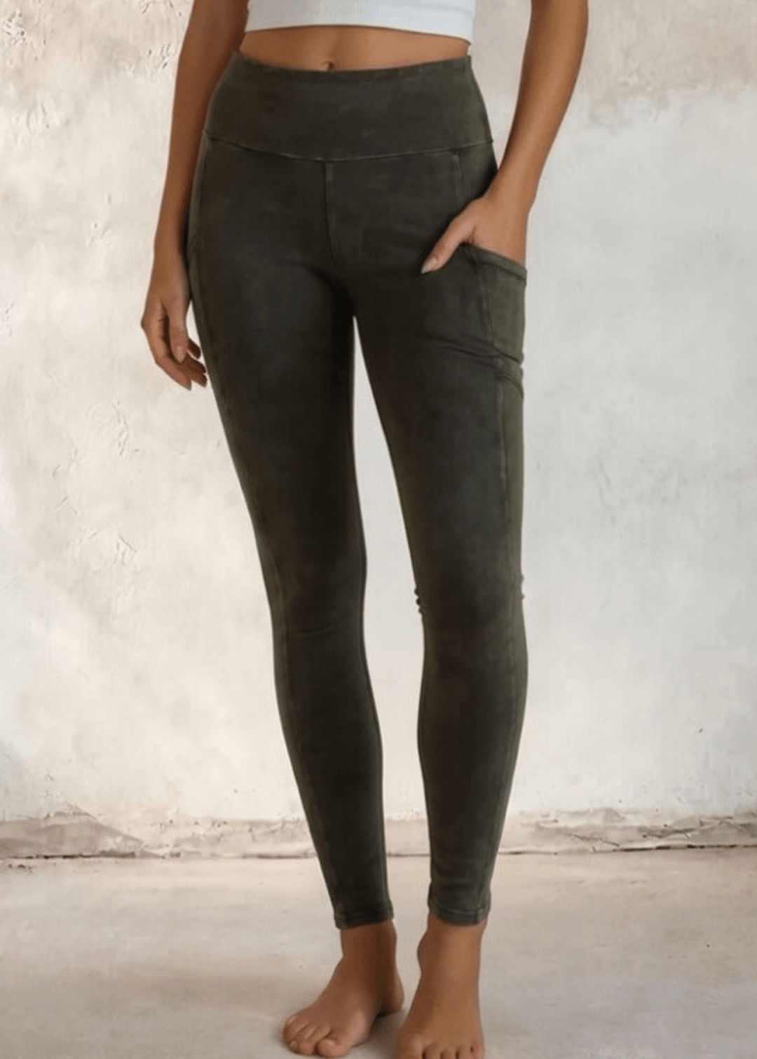 Made in USA Women's Tummy Control Wide Waistband Cotton Spandex Garment Washed Solid Leggings with Large Side Pockets in Mineral Washed Dark Moss Green | Classy Cozy Cool Made in America Boutique
