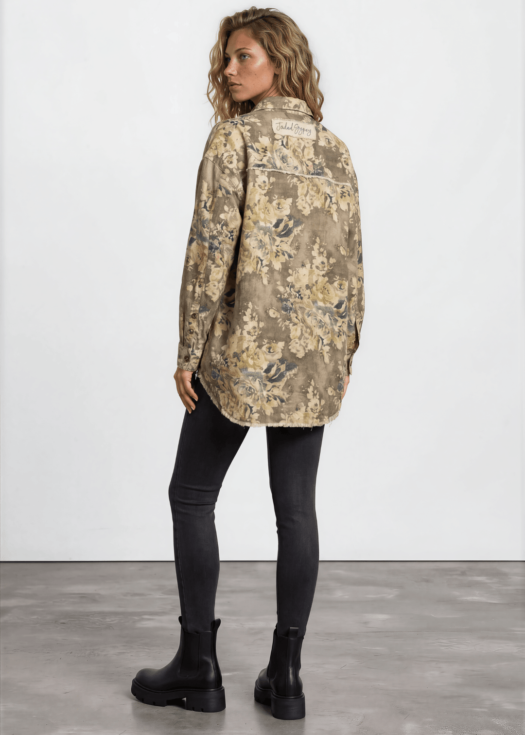Made in USA Jaded Gypsy Army Green Floral Print Button Down Shacket, Longer Length, Collared, Raw Edge Detail
