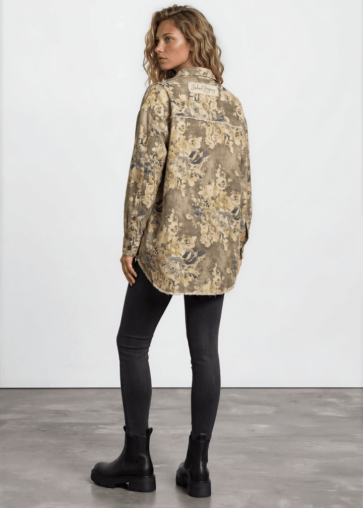 Made in USA Jaded Gypsy Army Green Floral Print Button Down Shacket, Longer Length, Collared, Raw Edge Detail