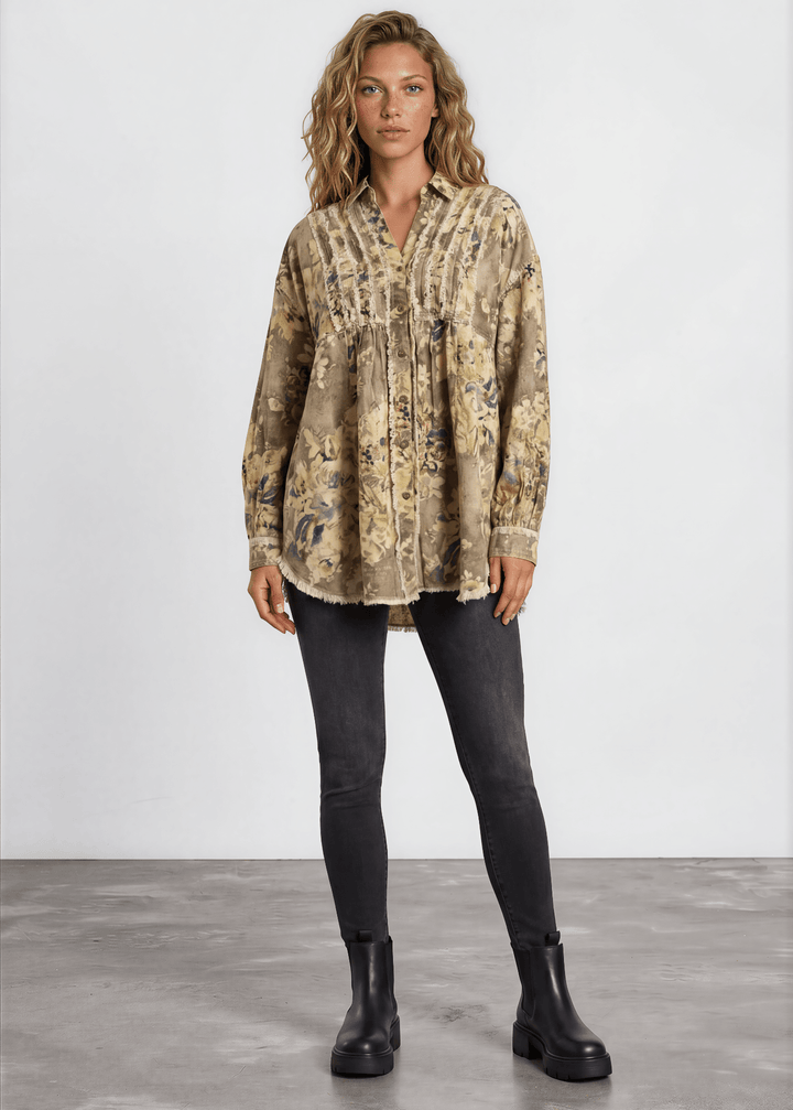 Made in USA Jaded Gypsy Army Green Floral Print Button Down Shacket, Longer Length, Collared, Raw Edge Detail