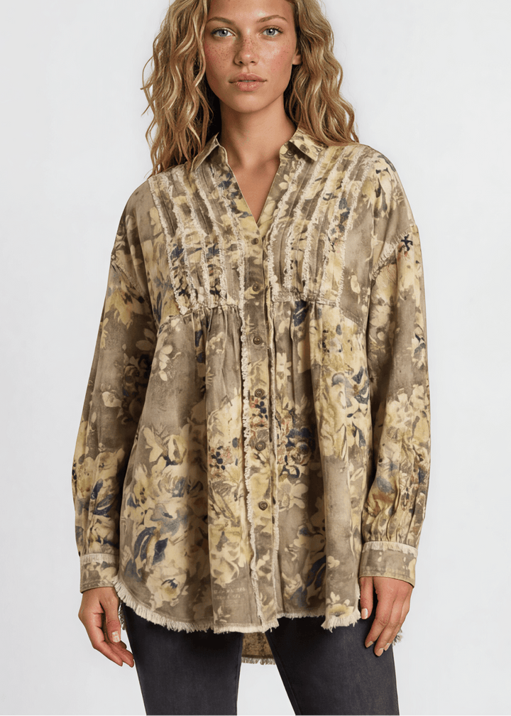 Made in USA Jaded Gypsy Army Green Floral Print Button Down Shacket, Longer Length, Collared, Raw Edge Detail