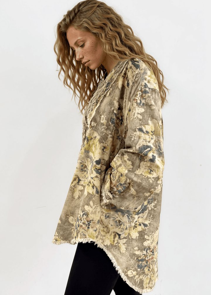 Made in USA Jaded Gypsy Army Green Floral Print Button Down Shacket, Longer Length, Collared, Raw Edge Detail