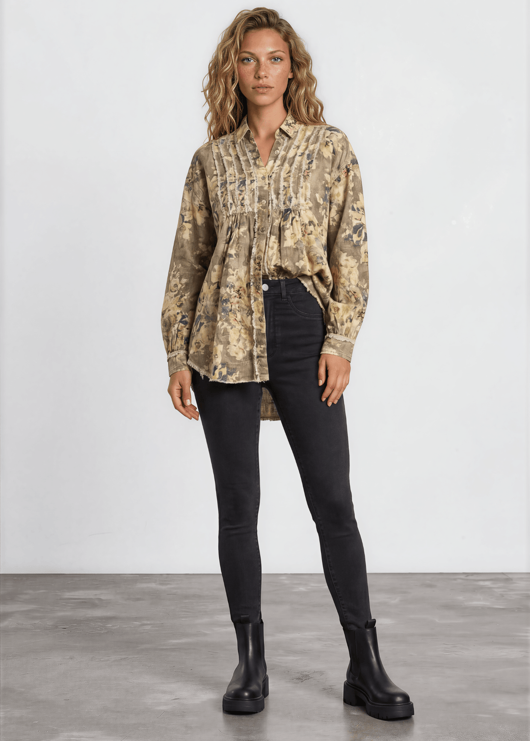 Made in USA Jaded Gypsy Army Green Floral Print Button Down Shacket, Longer Length, Collared, Raw Edge Detail