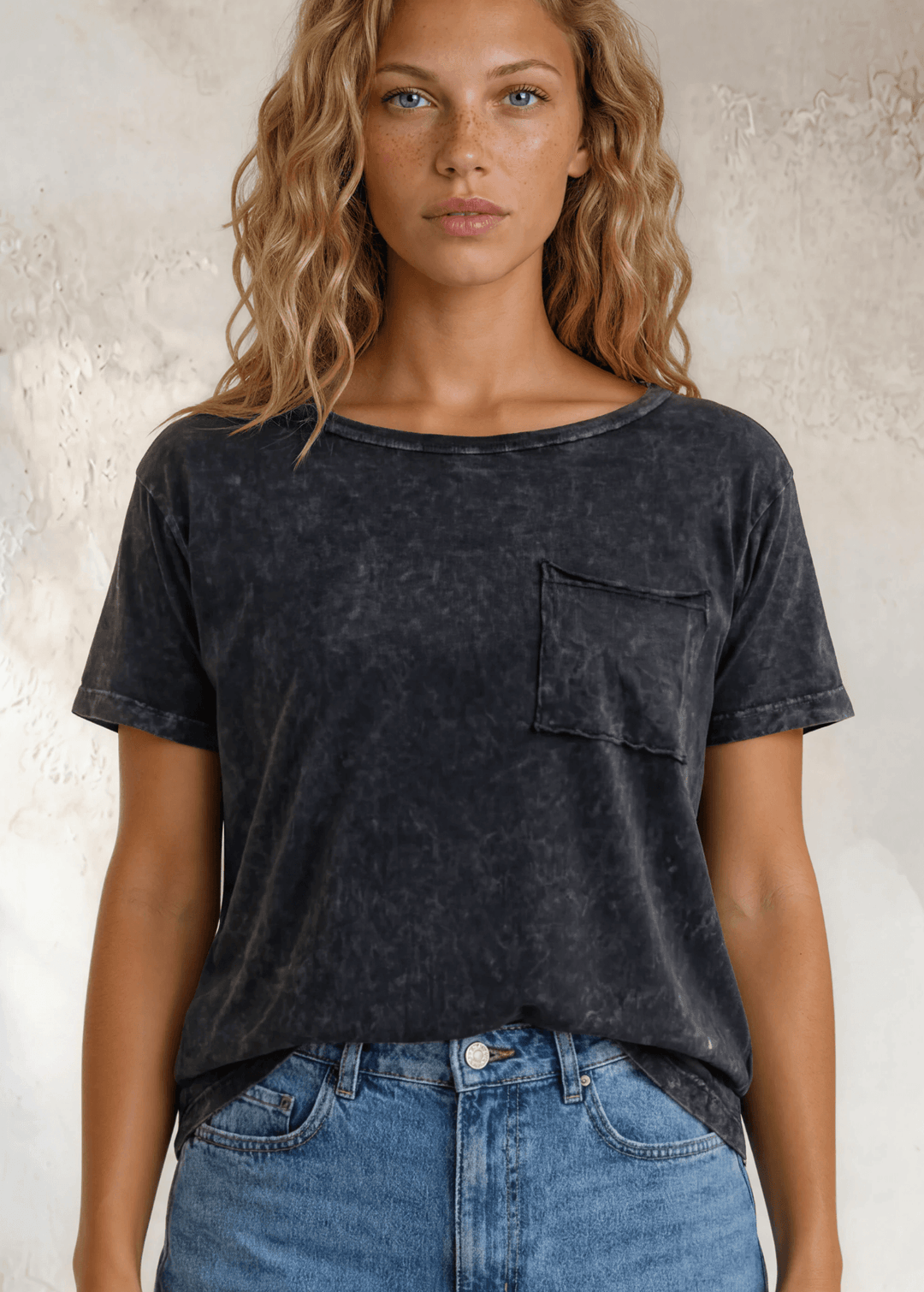Made in USA, Jessie Tee, Women's Relaxed Fit Cotton Mineral Washed Pocket T-Shirt in Charcoal Black with Wide Round Neckline | Classy Cozy Cool Made in America Boutique 
