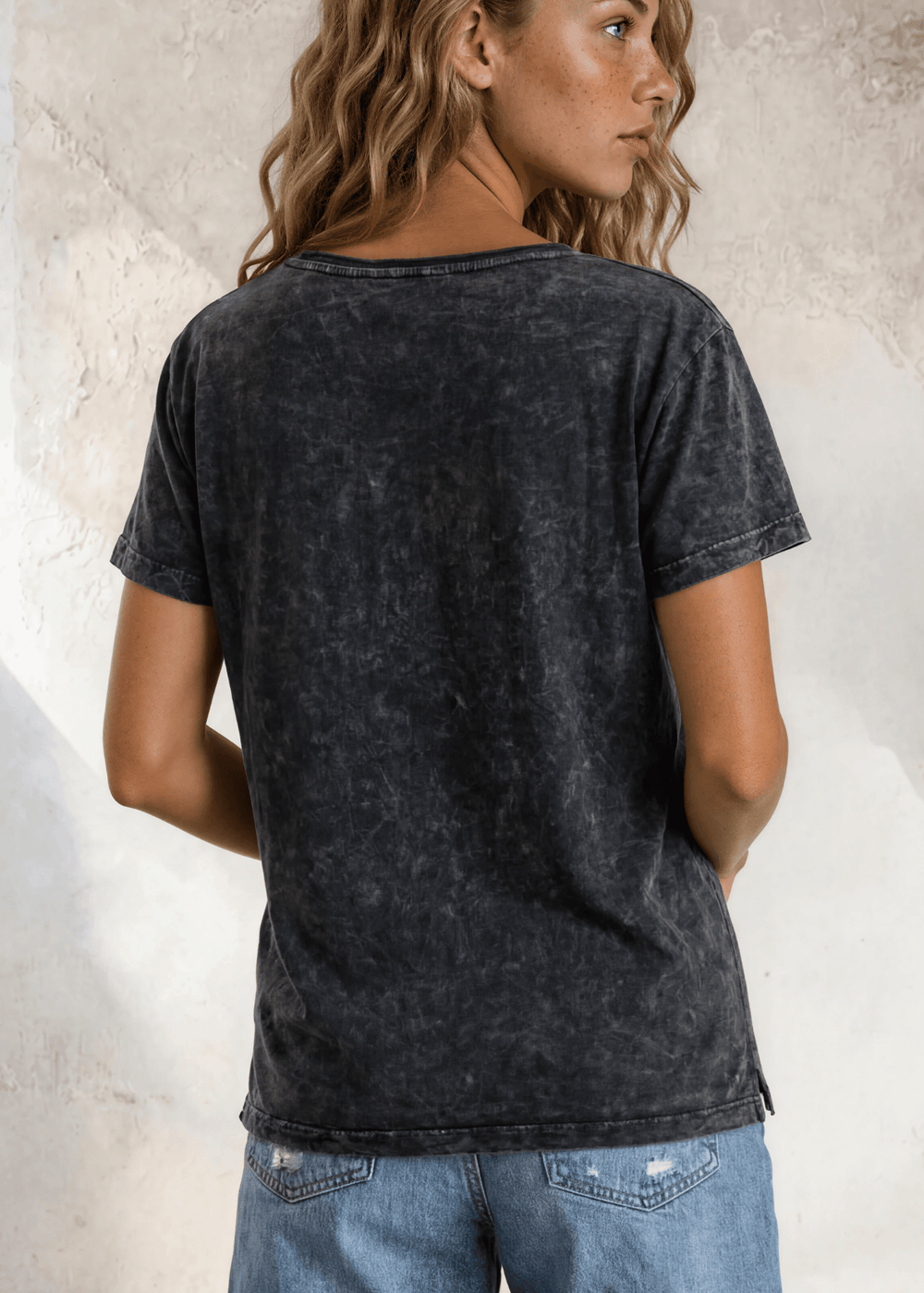 Made in USA, Jessie Tee, Women's Relaxed Fit Cotton Mineral Washed Pocket T-Shirt in Charcoal Black with Wide Round Neckline | Classy Cozy Cool Made in America Boutique 