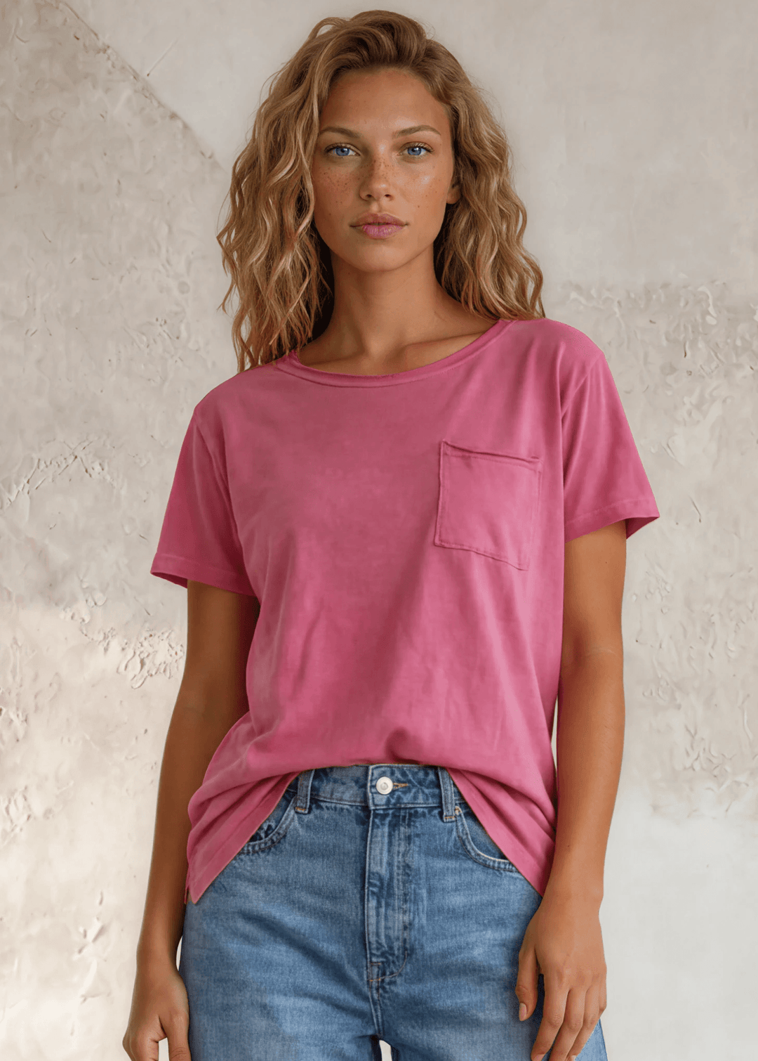 Made in USA, Jessie Tee, Women's Relaxed Fit Cotton Mineral Washed Pocket T-Shirt in Fuchsia with Wide Round Neckline | Classy Cozy Cool Made in America Boutique 