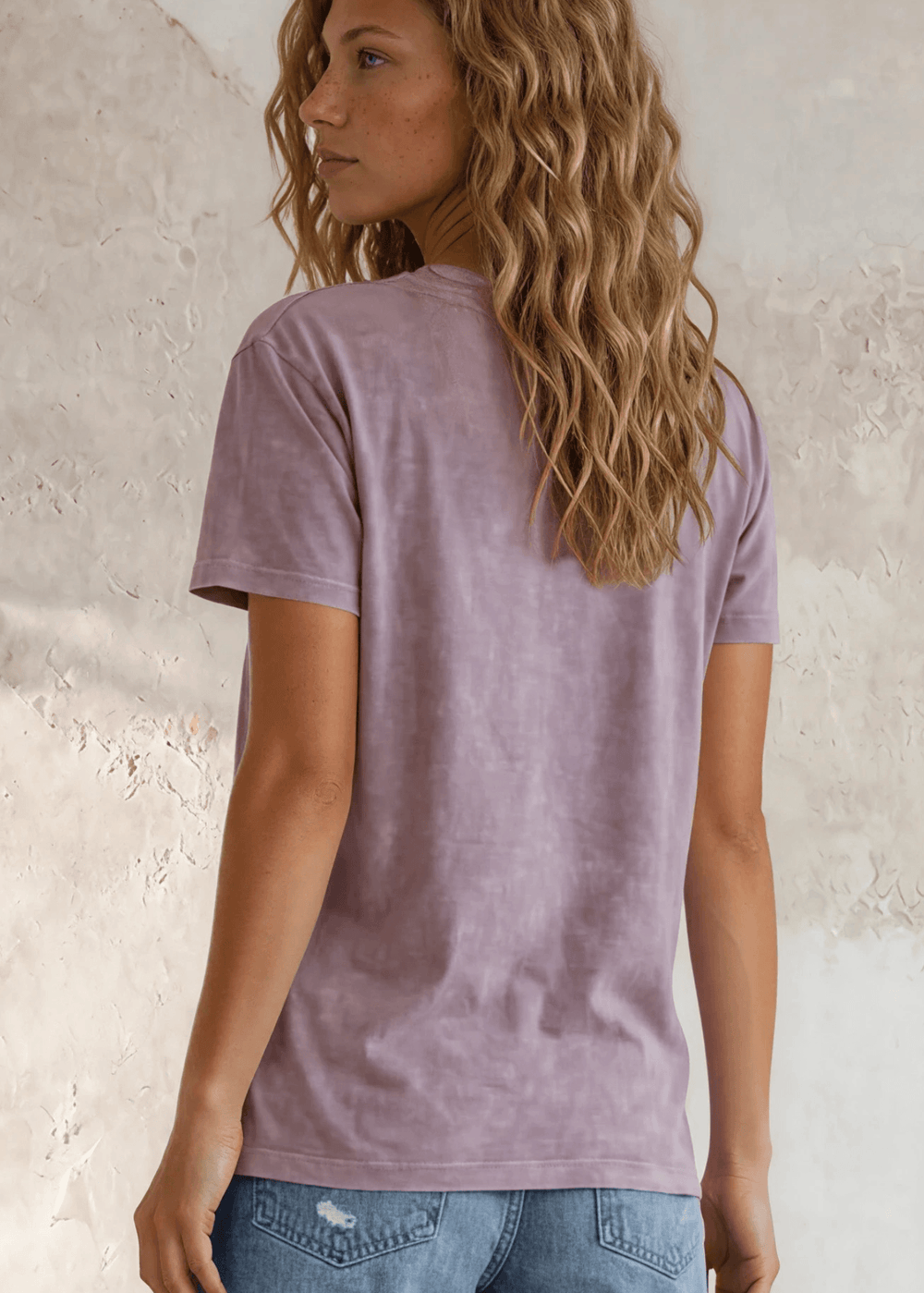 Made in USA, Jessie Tee, Women's Relaxed Fit Cotton Mineral Washed Pocket T-Shirt in Lavender with Wide Round Neckline | Classy Cozy Cool Made in America Boutique 