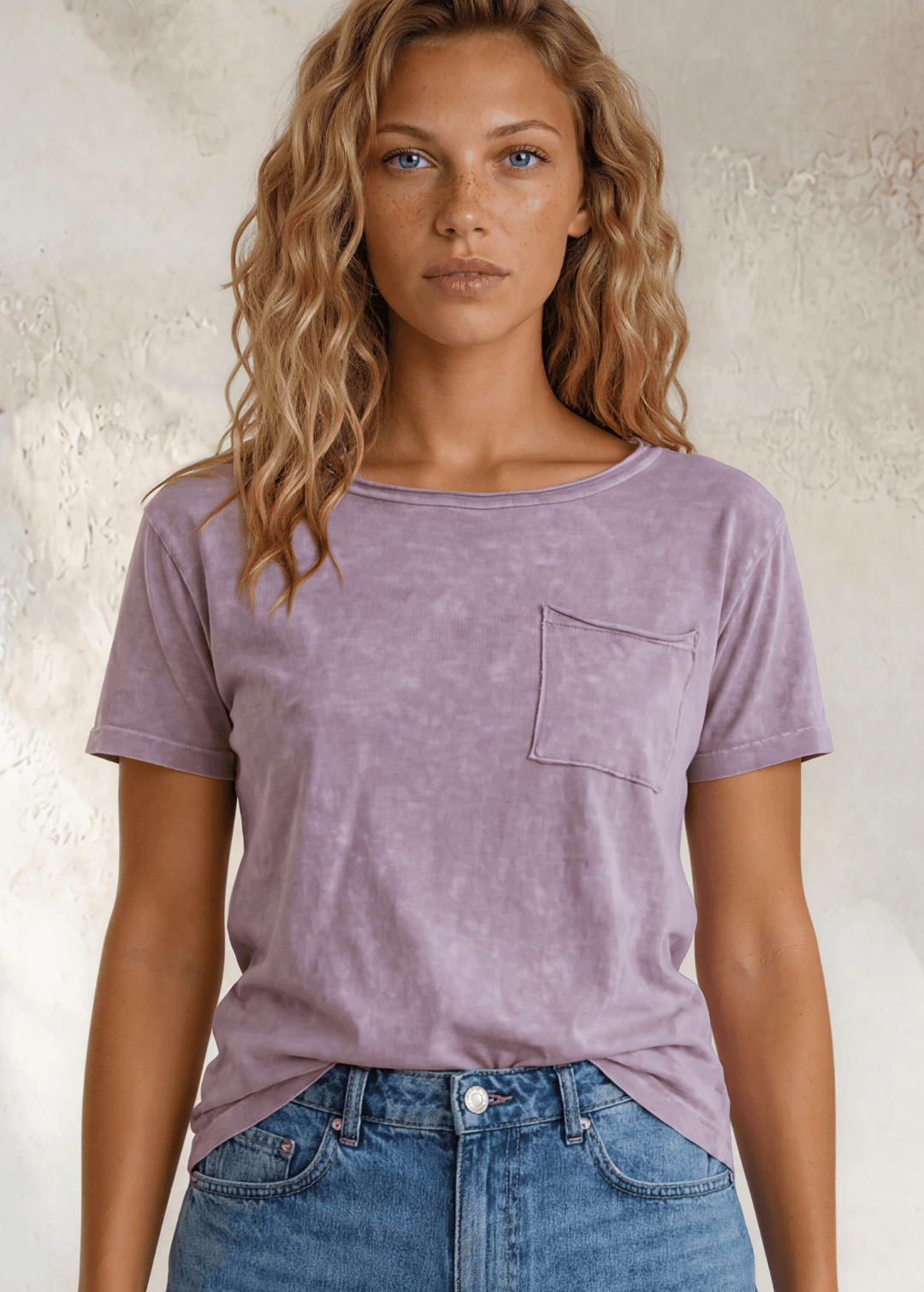 Made in USA, Jessie Tee, Women's Relaxed Fit Cotton Mineral Washed Pocket T-Shirt in Lavender with Wide Round Neckline | Classy Cozy Cool Made in America Boutique 