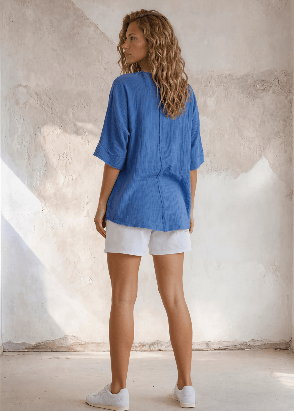 Made in USA Women's V-Neck, Raw Edge Detail, Short Cuffed Sleeves, Textured 100% Cotton Double Gauze Top in Denim Blue | Classy Cozy Cool Made in America Boutique