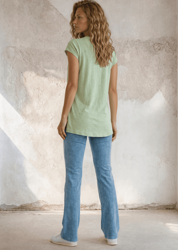 Shop the Meghan Tee — a garment-dyed, fitted scoop neck tee in Neil Green. 50% cotton / 50% modal, ultra-soft, lightweight, and proudly Made in USA.