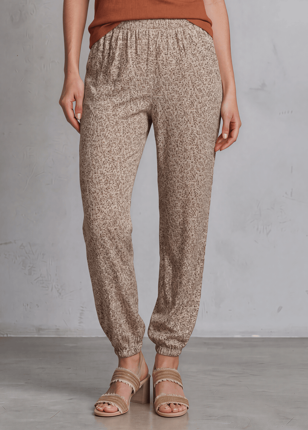 Made in USA Women's Taupe Floral Relaxed Fit Jogger Style Pants | Bucket List Clothing Style# P5074 Dark Green and Gingerbread Floral Accents