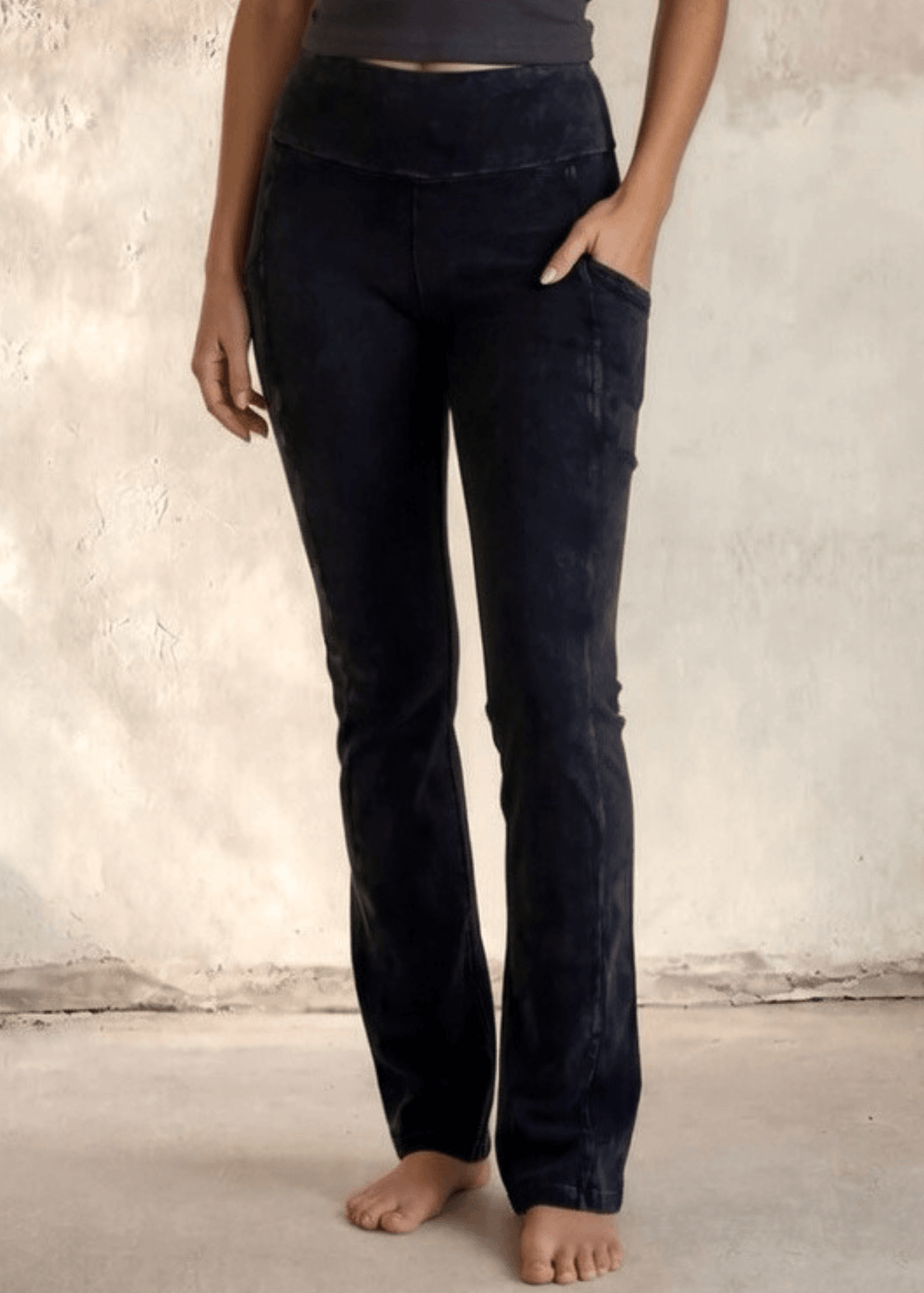 Made in USA Women's Perfect Fit Tummy Control High Rise Wide Waistband Cotton Spandex Mineral Washed Bootcut Leggings with Large Side Pockets in Black Denim | Classy Cozy Cool Made in America Boutique
