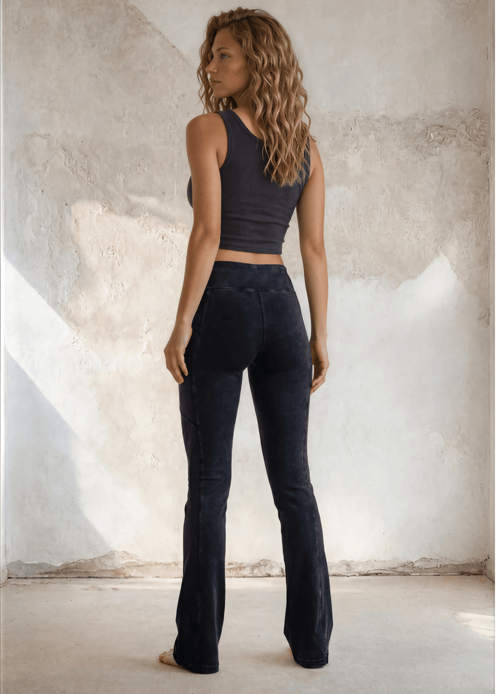 Made in USA Women's Perfect Fit Tummy Control High Rise Wide Waistband Cotton Spandex Mineral Washed Bootcut Leggings with Large Side Pockets in Black Denim | Classy Cozy Cool Made in America Boutique