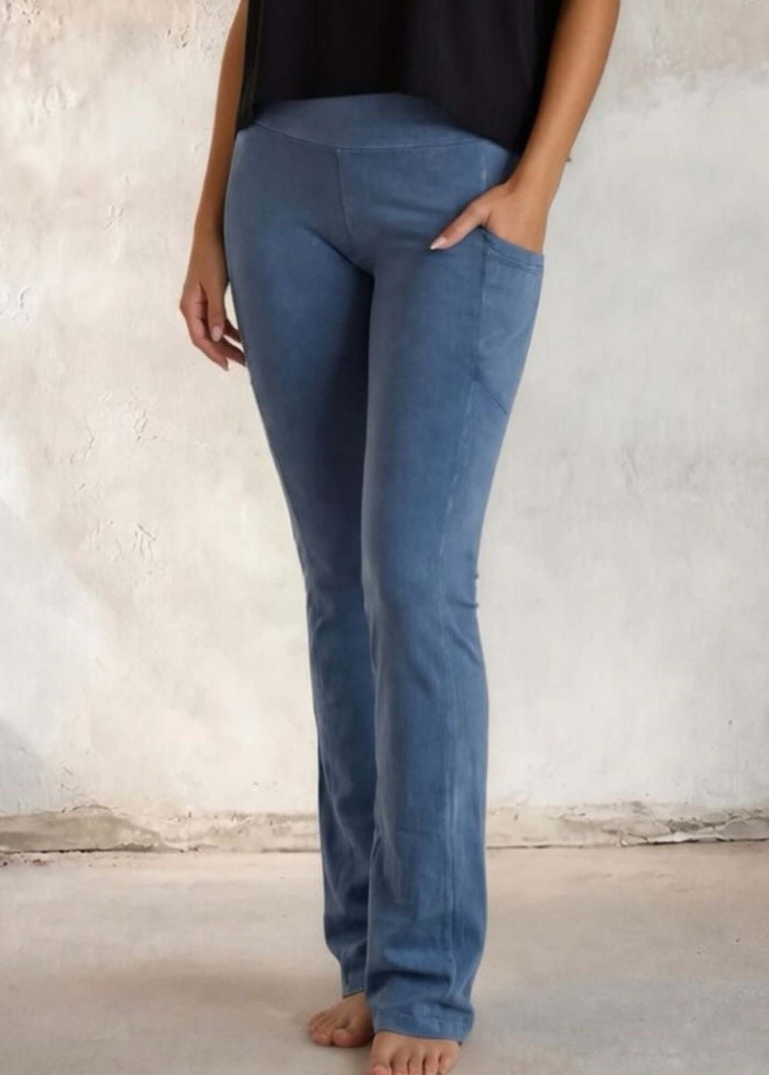 Made in USA Women's Perfect Fit Tummy Control High Rise Wide Waistband Cotton Spandex Mineral Washed Bootcut Leggings with Large Side Pockets in Light Denim | Classy Cozy Cool Made in America Boutique