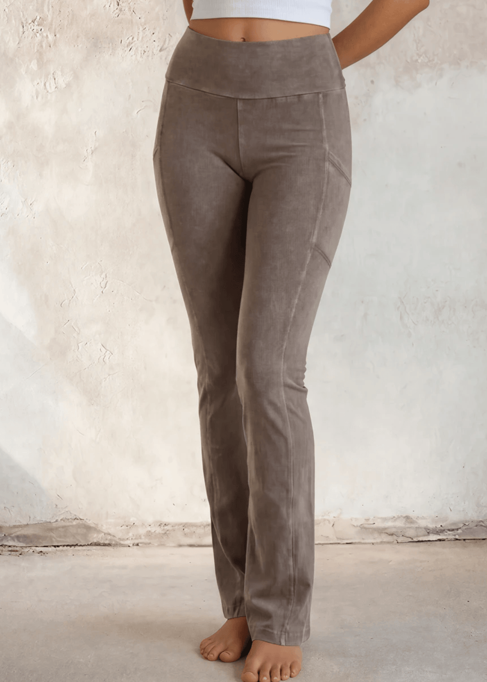 Made in USA Women's Perfect Fit Tummy Control High Rise Wide Waistband Cotton Spandex Mineral Washed Bootcut Leggings with Large Side Pockets in Taupe Denim | Classy Cozy Cool Made in America Boutique