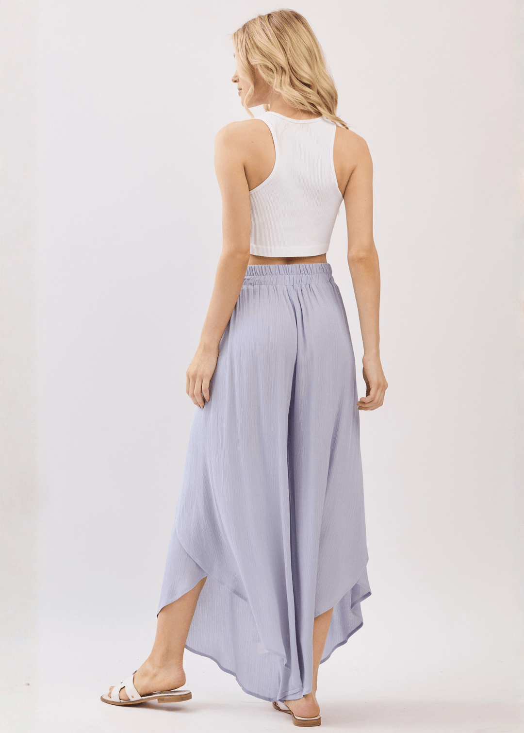 Breezy Pale Periwinkle flowy pants with elastic waist &amp; overlap split leg detail. Lightweight 100% rayon. Made in USA. Perfect for vacation &amp; resort wear.