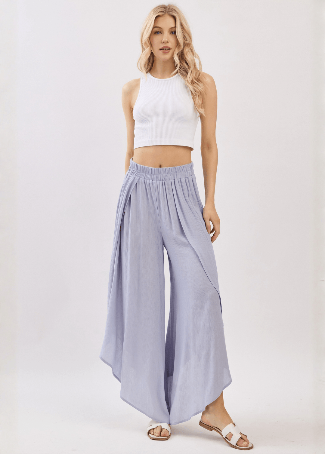 Breezy Pale Periwinkle flowy pants with elastic waist &amp; overlap split leg detail. Lightweight 100% rayon. Made in USA. Perfect for vacation &amp; resort wear.