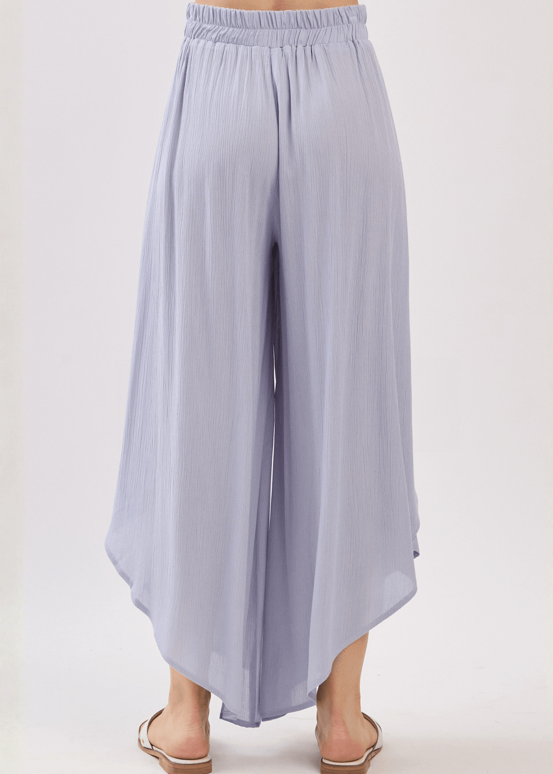 Breezy Pale Periwinkle flowy pants with elastic waist &amp; overlap split leg detail. Lightweight 100% rayon. Made in USA. Perfect for vacation &amp; resort wear.
