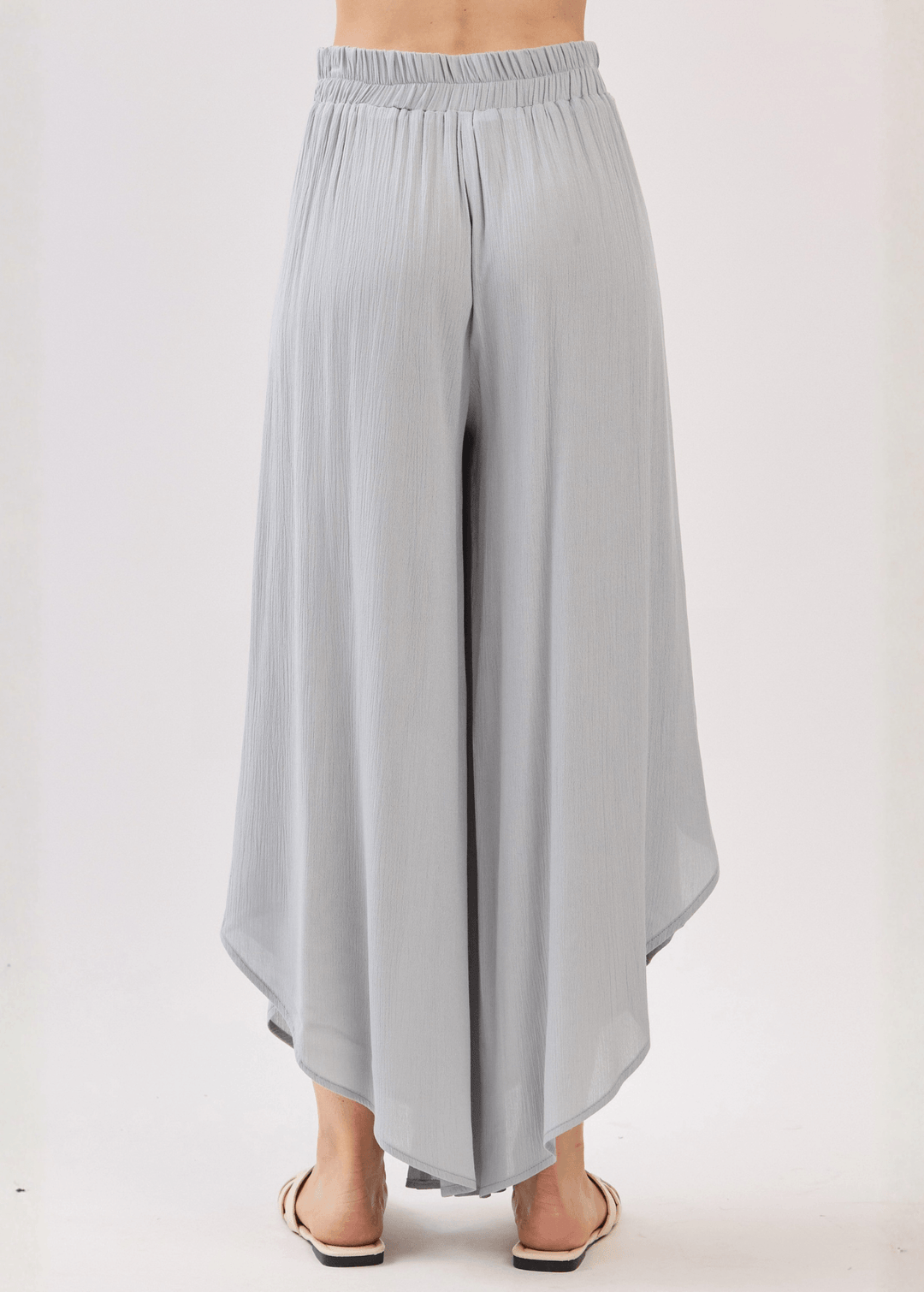 Breezy Gracious Gray flowy pants with elastic waist &amp; overlap split leg detail. Lightweight 100% rayon. Made in USA. Perfect for vacation &amp; resort wear.