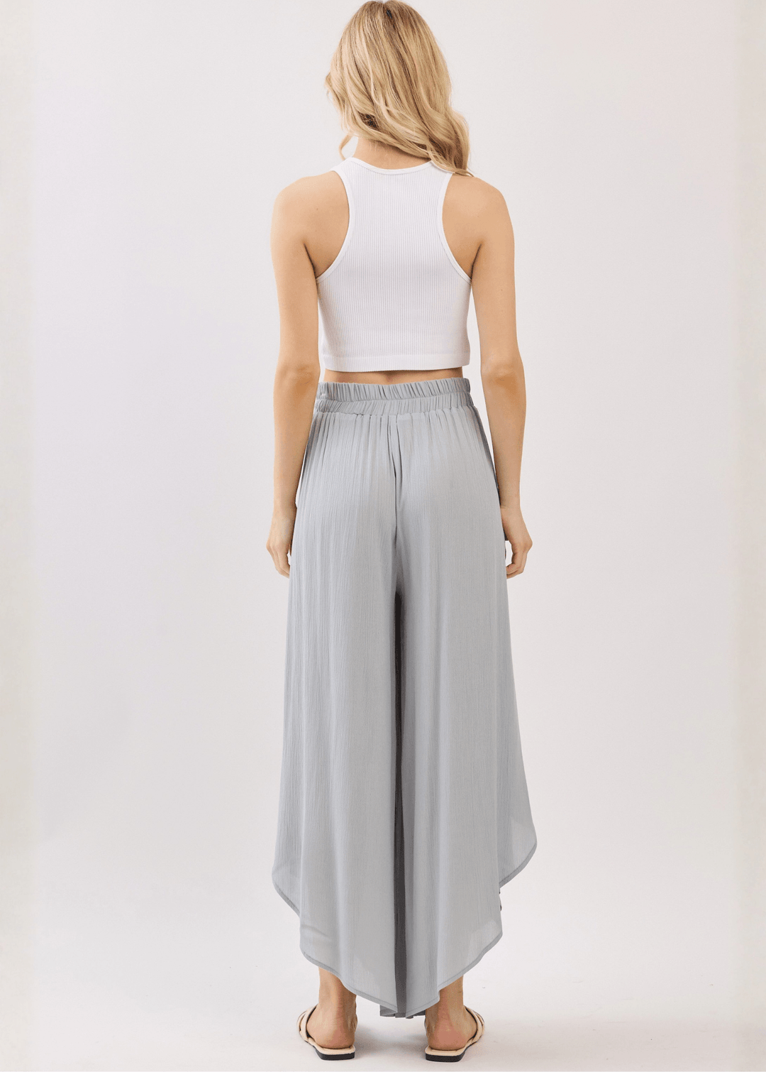 Breezy Gracious Gray flowy pants with elastic waist &amp; overlap split leg detail. Lightweight 100% rayon. Made in USA. Perfect for vacation &amp; resort wear.