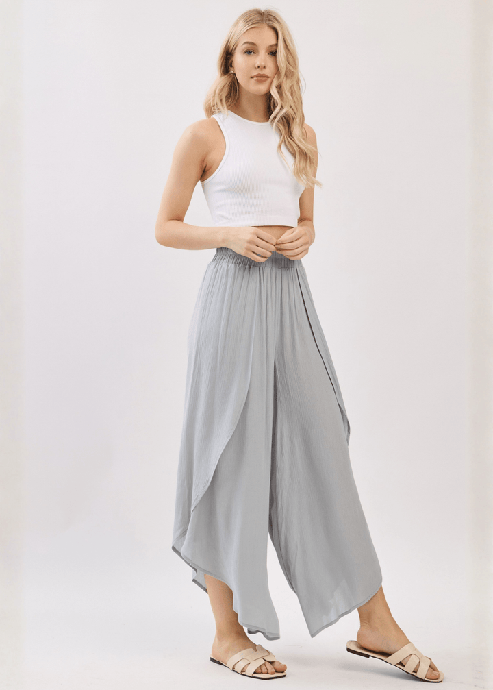 Breezy Gracious Gray flowy pants with elastic waist &amp; overlap split leg detail. Lightweight 100% rayon. Made in USA. Perfect for vacation &amp; resort wear.