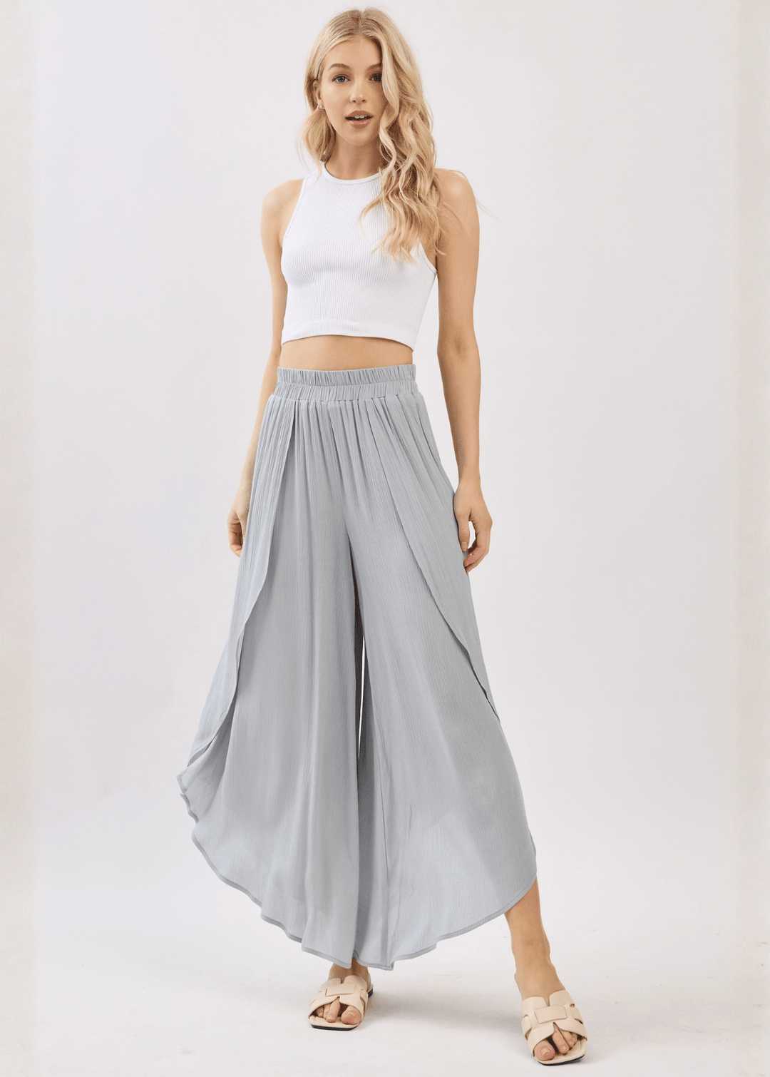 Breezy Gracious Gray flowy pants with elastic waist &amp; overlap split leg detail. Lightweight 100% rayon. Made in USA. Perfect for vacation &amp; resort wear.