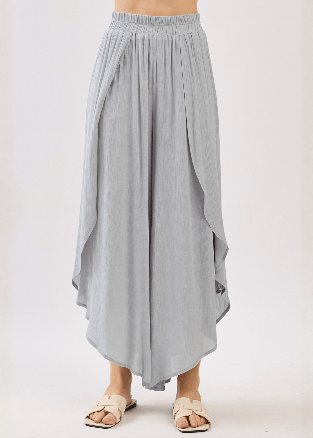 Breezy Gracious Gray flowy pants with elastic waist & overlap split leg detail. Lightweight 100% rayon. Made in USA. Perfect for vacation & resort wear.