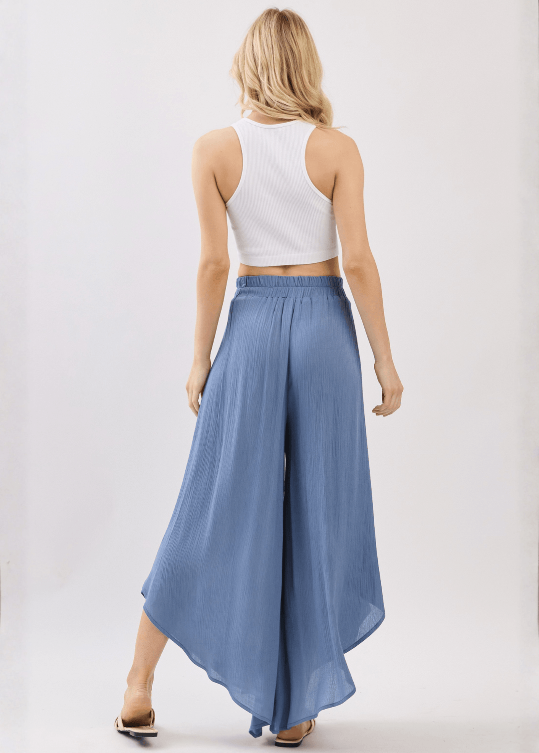 Breezy Denim Blue flowy pants with elastic waist &amp; overlap split leg detail. Lightweight 100% rayon. Made in USA. Perfect for vacation &amp; resort wear.