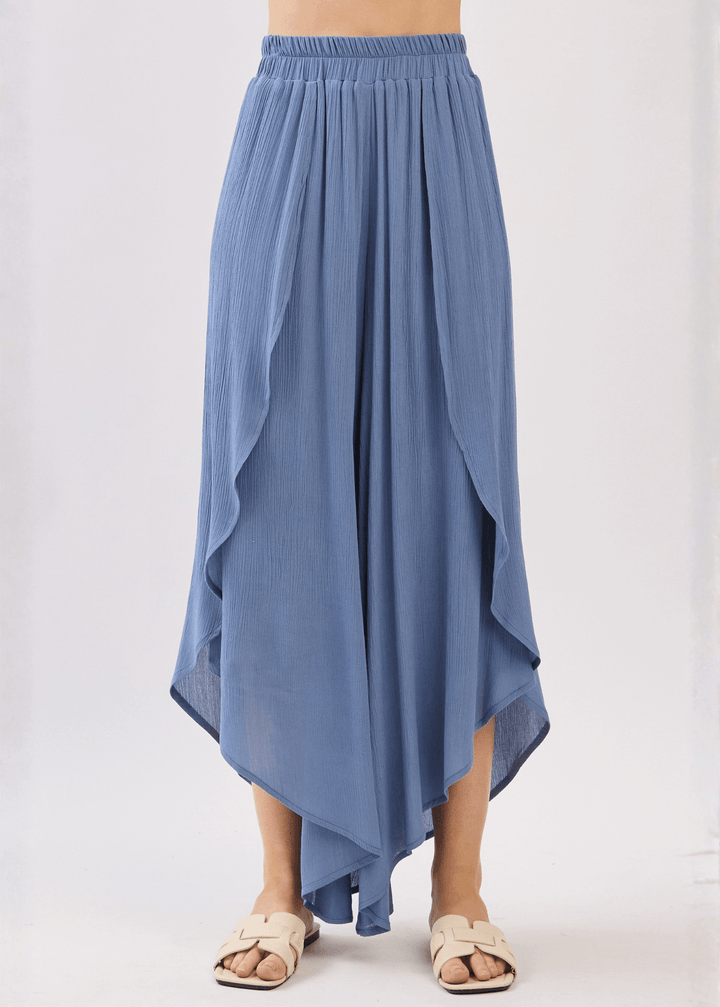 Breezy Denim Blue flowy pants with elastic waist &amp; overlap split leg detail. Lightweight 100% rayon. Made in USA. Perfect for vacation &amp; resort wear.