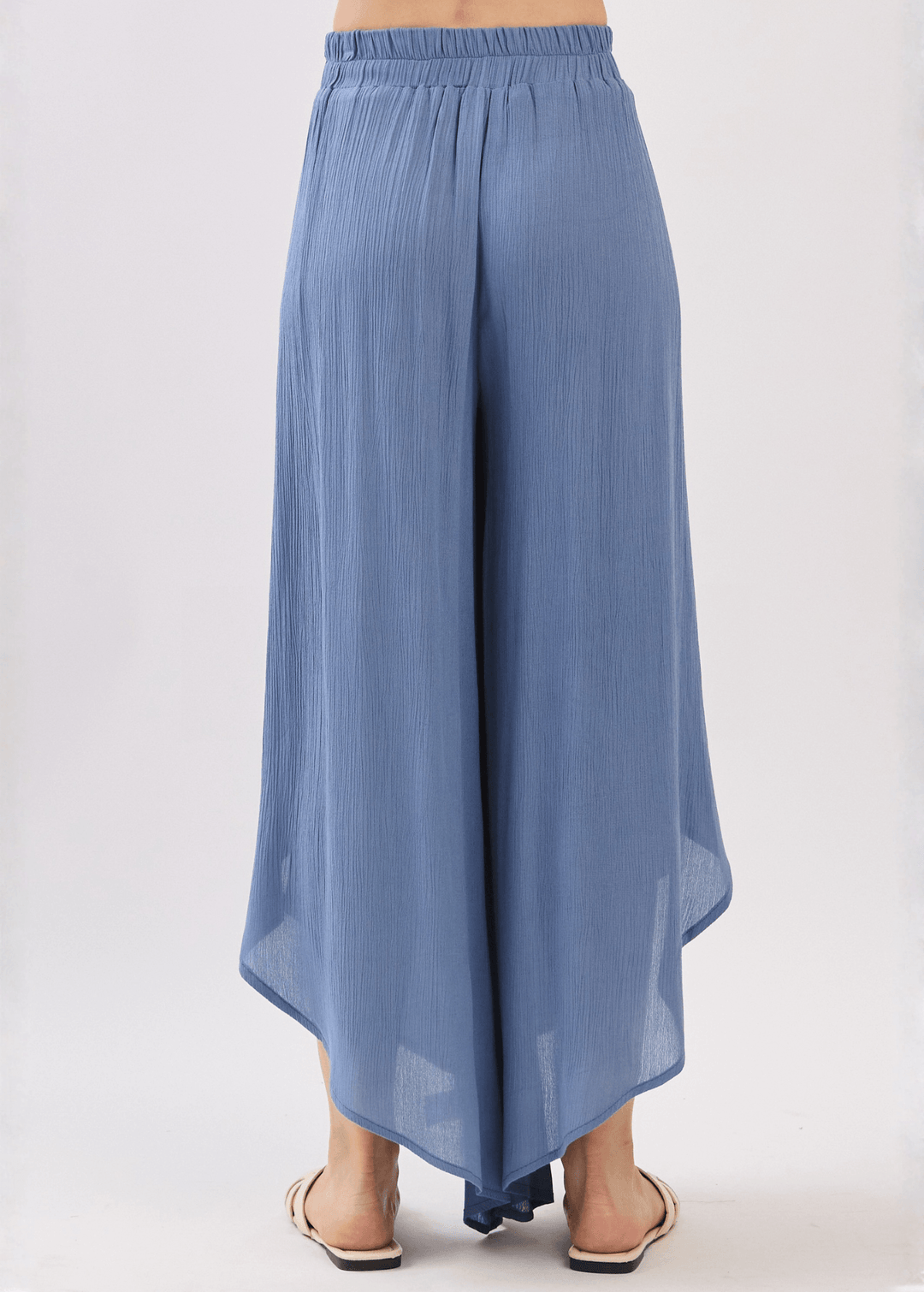 Breezy Denim Blue flowy pants with elastic waist &amp; overlap split leg detail. Lightweight 100% rayon. Made in USA. Perfect for vacation &amp; resort wear.