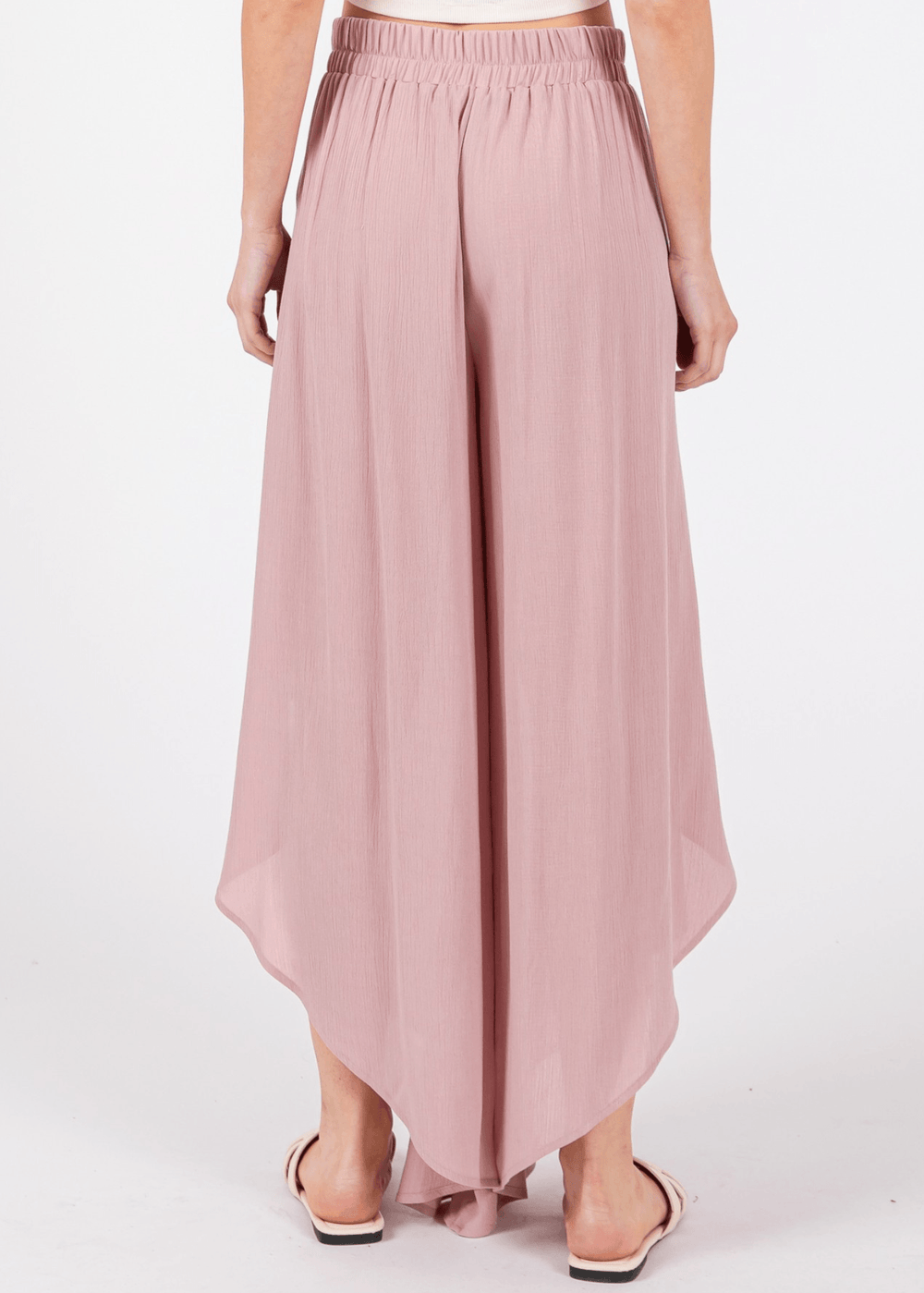 Breezy Dusty Rose flowy pants with elastic waist & overlap split leg detail. Lightweight 100% rayon. Made in USA. Perfect for vacation & resort wear.