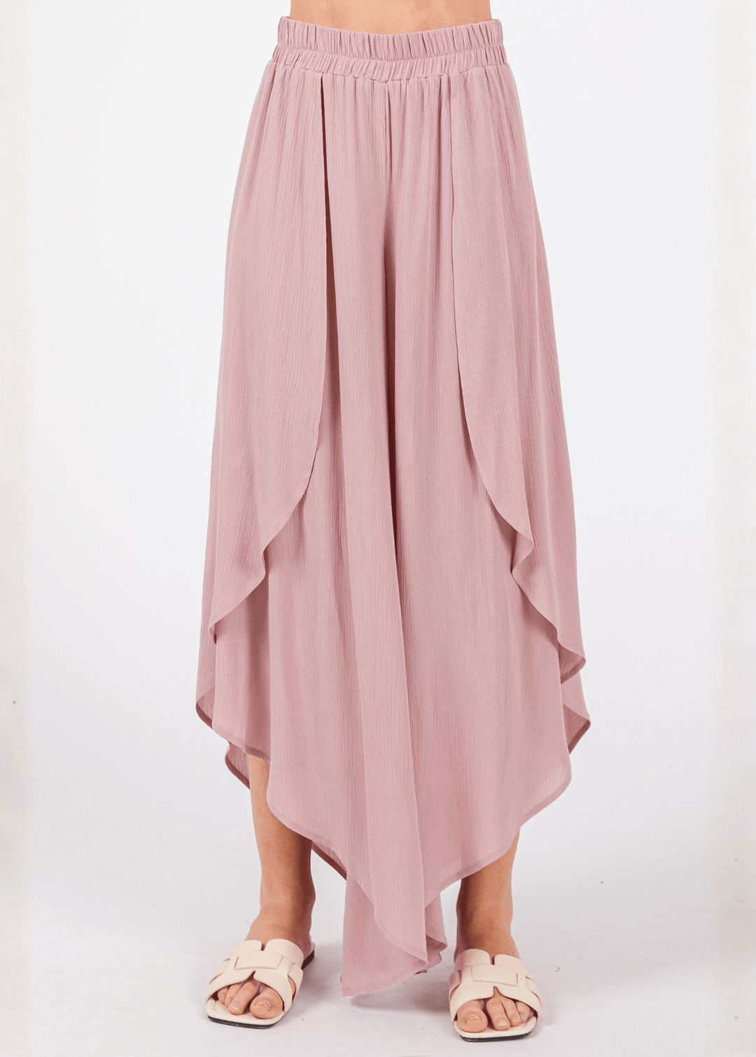 Breezy Dusty Rose flowy pants with elastic waist & overlap split leg detail. Lightweight 100% rayon. Made in USA. Perfect for vacation & resort wear.