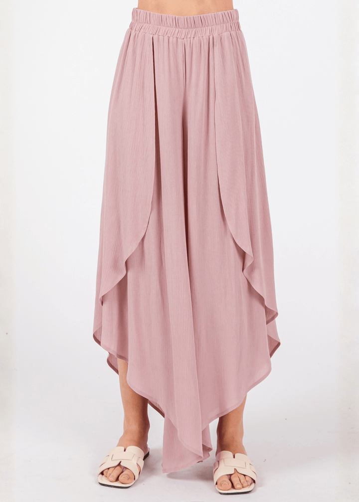 Breezy Dusty Rose flowy pants with elastic waist &amp; overlap split leg detail. Lightweight 100% rayon. Made in USA. Perfect for vacation &amp; resort wear.