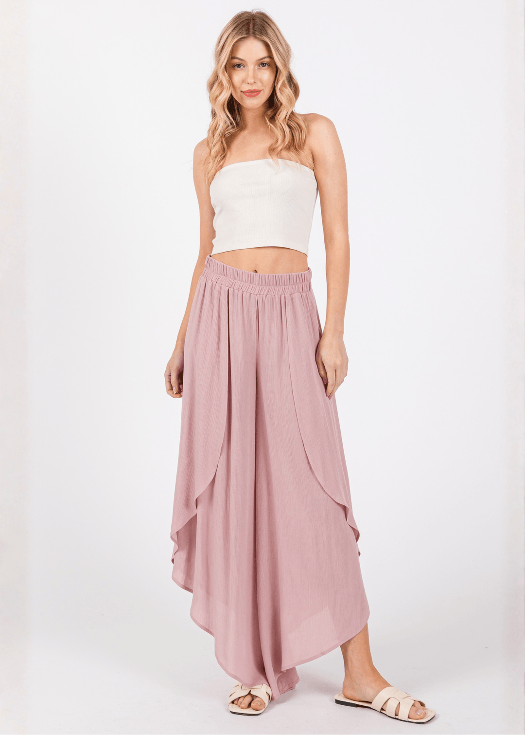 Breezy Dusty Rose flowy pants with elastic waist &amp; overlap split leg detail. Lightweight 100% rayon. Made in USA. Perfect for vacation &amp; resort wear.