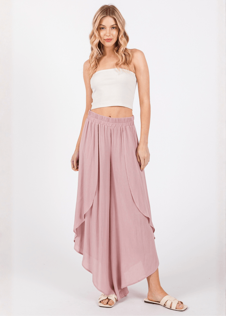 Breezy Dusty Rose flowy pants with elastic waist &amp; overlap split leg detail. Lightweight 100% rayon. Made in USA. Perfect for vacation &amp; resort wear.