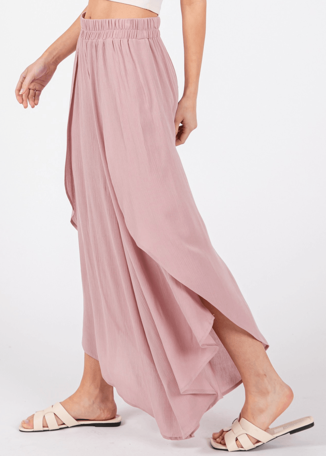 Breezy Dusty Rose flowy pants with elastic waist &amp; overlap split leg detail. Lightweight 100% rayon. Made in USA. Perfect for vacation &amp; resort wear.