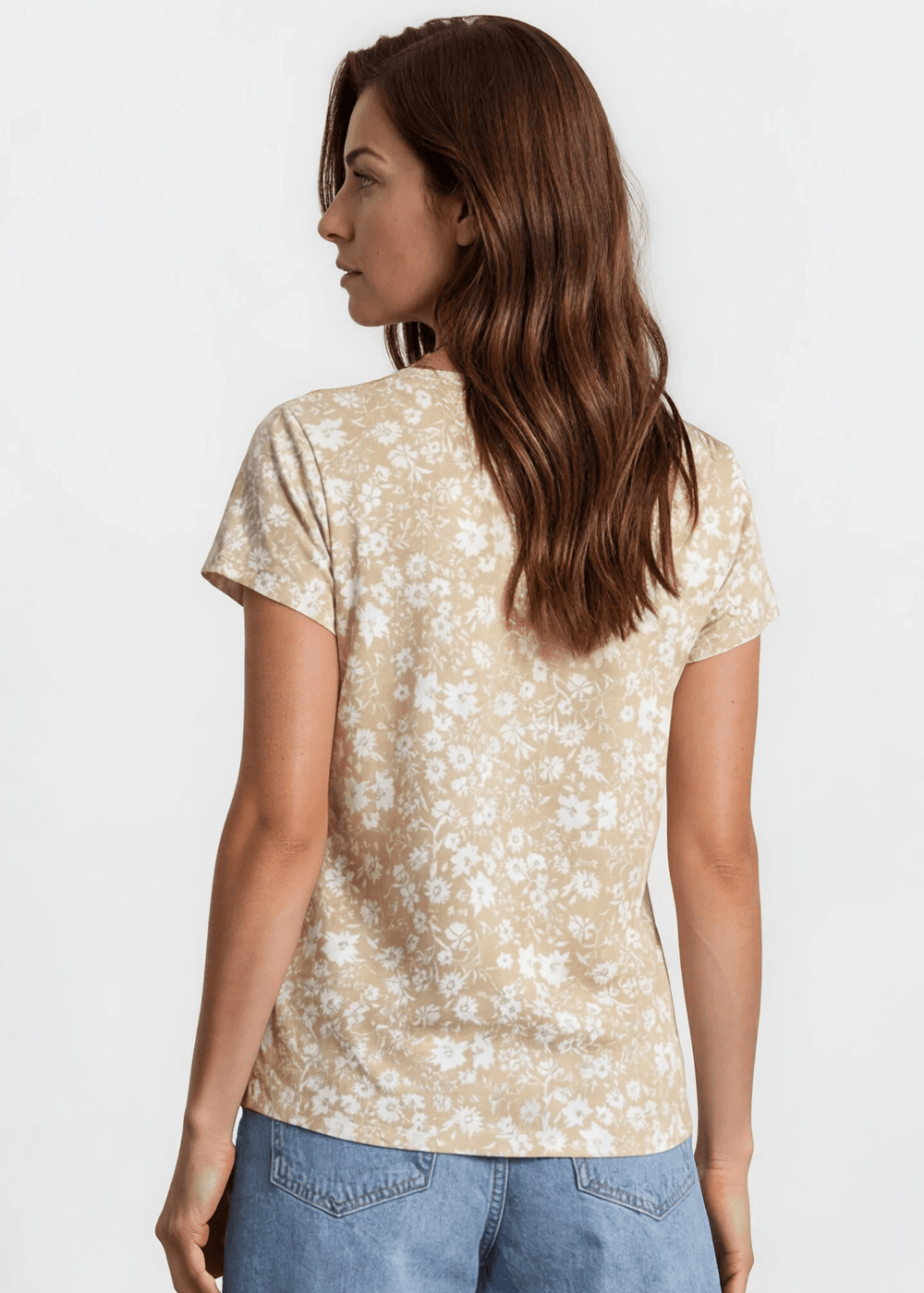 Faith's Floral Print Tee in Taupe. Soft stretch knit, allover ditsy floral, crew neck, regular fit. Effortlessly stylish. Made in USA. Sizes S–XL.