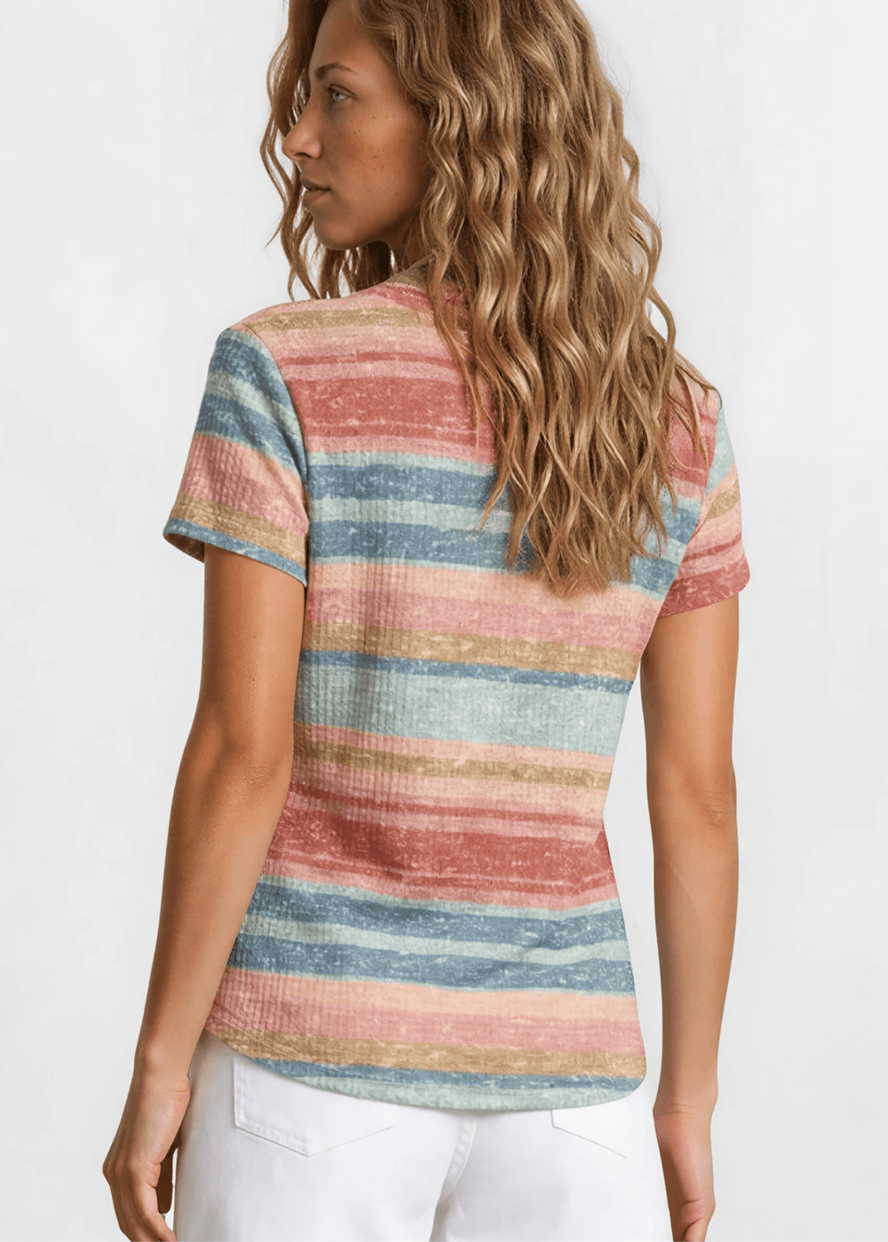 Cary's Colorful Striped Print Tee. Soft stretch knit, boho multicolor stripes, crew neck, regular fit. Easy everyday style. Made in USA. Sizes S–XL.