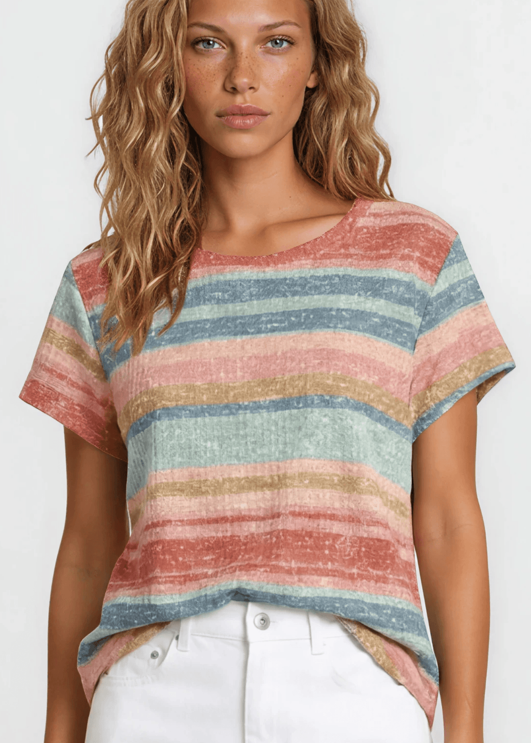 Cary's Colorful Striped Print Tee. Soft stretch knit, boho multicolor stripes, crew neck, regular fit. Easy everyday style. Made in USA. Sizes S–XL.