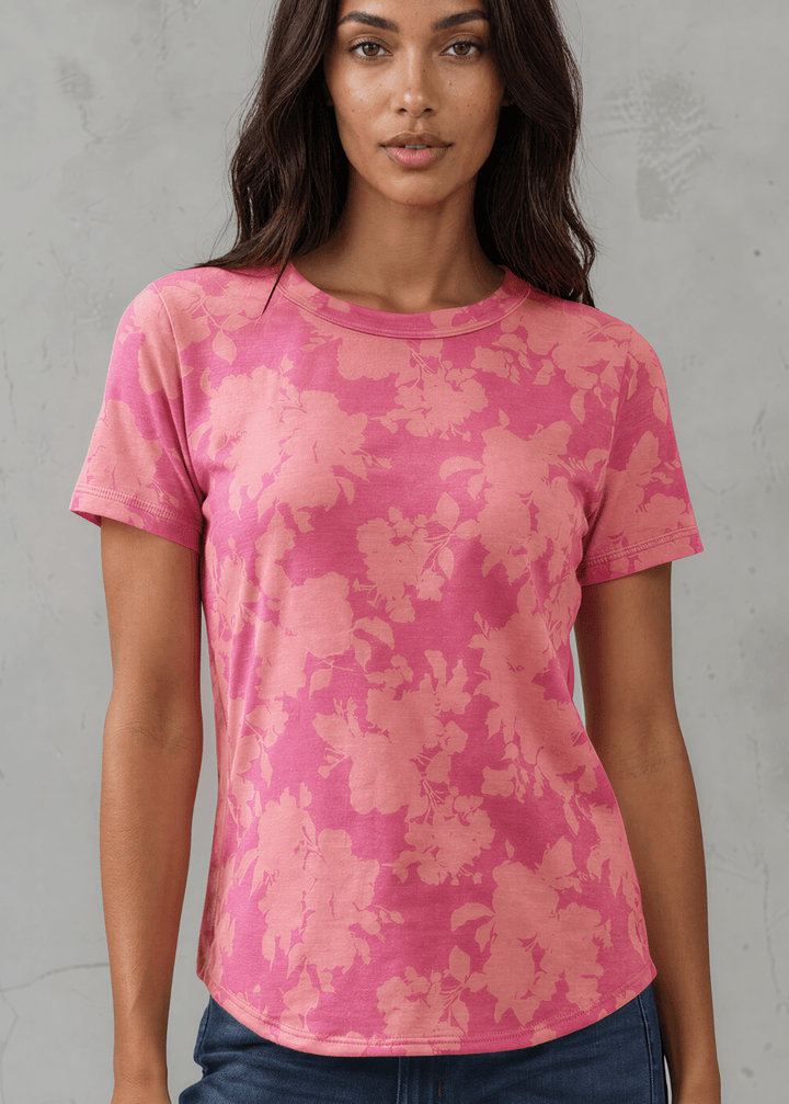 Fuchsia Floral Fashion Tee. Tonal watercolor hibiscus print, soft stretch knit, crew neck, regular fit. Bold &amp; feminine. Made in USA. Sizes S–XL.