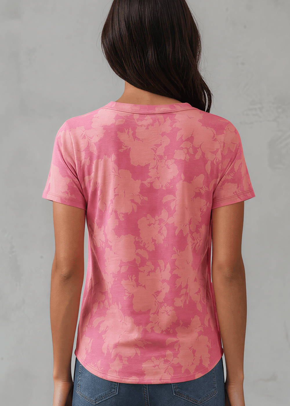 Fuchsia Floral Fashion Tee. Tonal watercolor hibiscus print, soft stretch knit, crew neck, regular fit. Bold & feminine. Made in USA. Sizes S–XL.