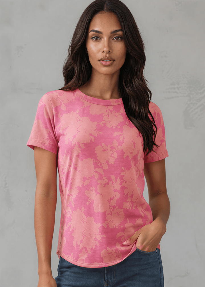 Fuchsia Floral Fashion Tee. Tonal watercolor hibiscus print, soft stretch knit, crew neck, regular fit. Bold &amp; feminine. Made in USA. Sizes S–XL.